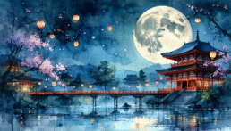画像: 満月の夜に、日本の伝統的な寺院と赤い橋が浮かび上がる幻想的な風景。桜の花と提灯が川辺を彩り、静寂な水面