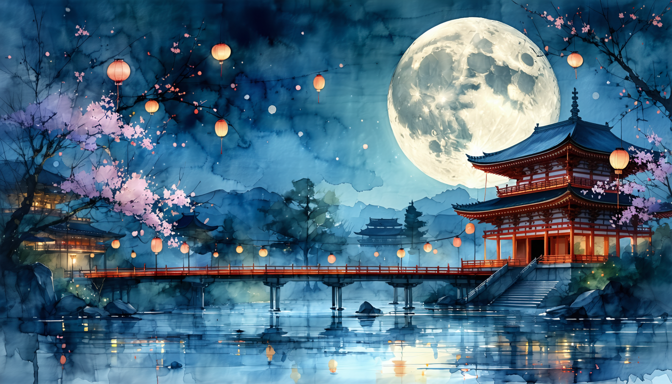 画像: 満月の夜に、日本の伝統的な寺院と赤い橋が浮かび上がる幻想的な風景。桜の花と提灯が川辺を彩り、静寂な水面