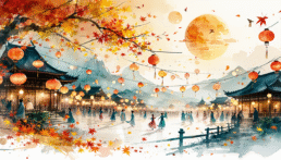 画像: 秋の紅葉が美しい日本の伝統的な祭りの様子を描いたイラスト。和風建築がランタンに照らされ、多くの人々が集まっています。月が夜空