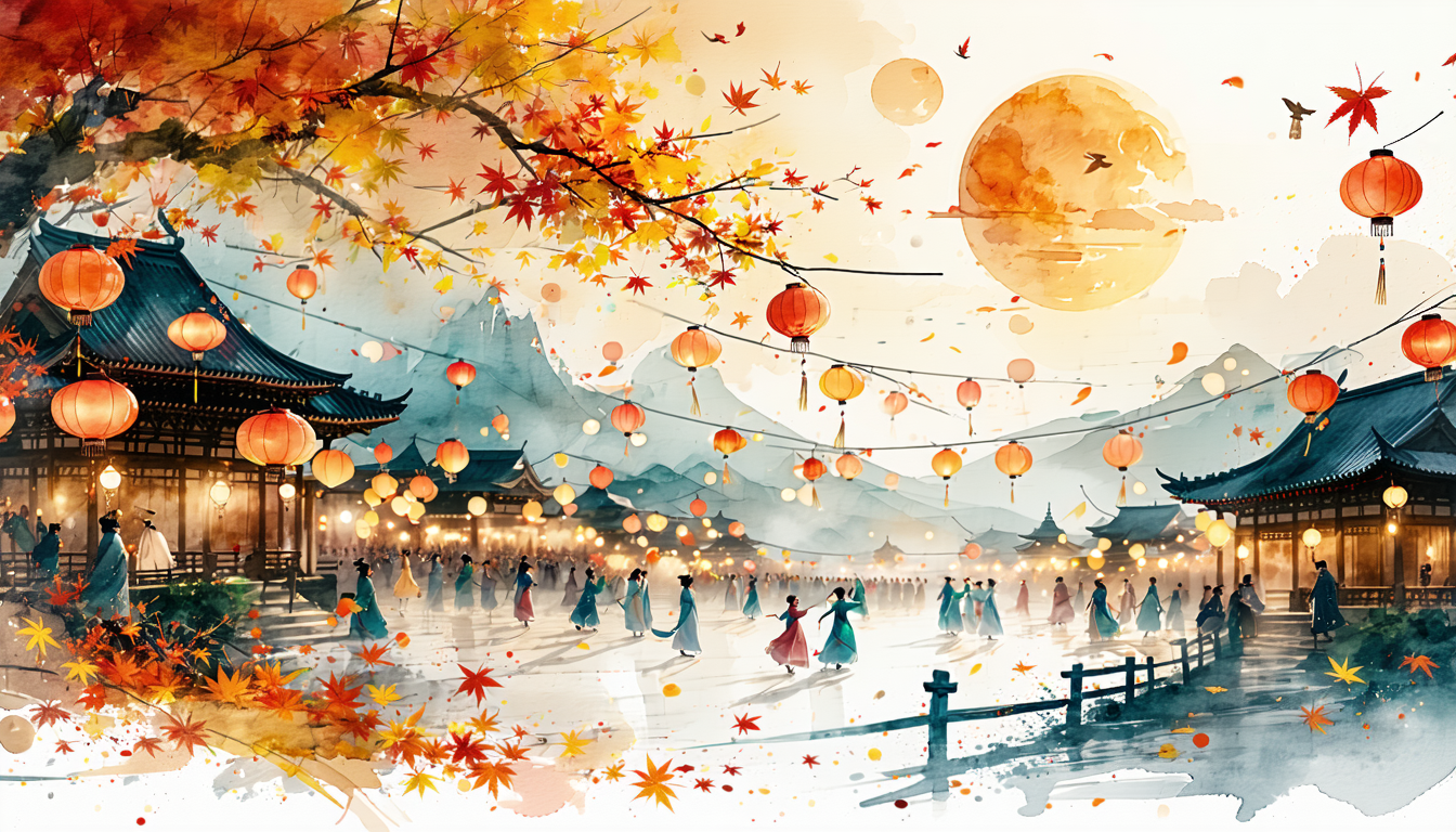 画像: 秋の紅葉が美しい日本の伝統的な祭りの様子を描いたイラスト。和風建築がランタンに照らされ、多くの人々が集まっています。月が夜空