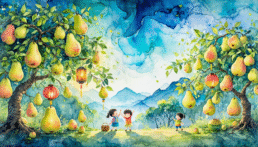 画像: 広々とした自然の中、果樹園で遊ぶ子供たちのイラスト。青い空と山々を背景に、大きな洋梨の木が並び、赤い提灯が