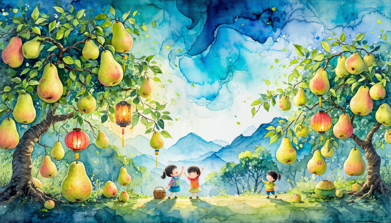 画像: 広々とした自然の中、果樹園で遊ぶ子供たちのイラスト。青い空と山々を背景に、大きな洋梨の木が並び、赤い提灯が