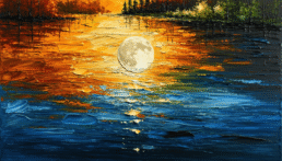 画像: 秋の風景を描いた絵画で、夕日が湖に映るシーンです。暖かいオレンジ色と冷たいブルーの対比が美しい。油彩の質感が際立