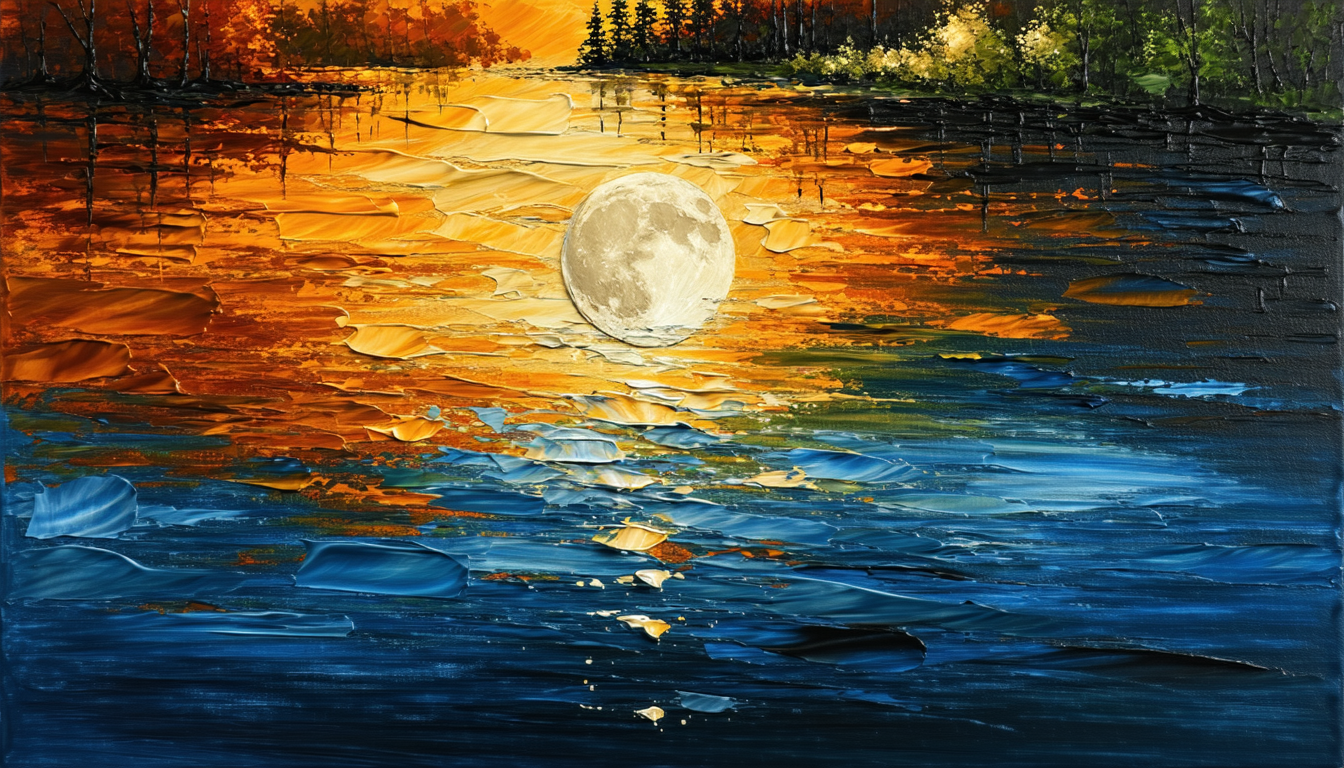 画像: 秋の風景を描いた絵画で、夕日が湖に映るシーンです。暖かいオレンジ色と冷たいブルーの対比が美しい。油彩の質感が際立
