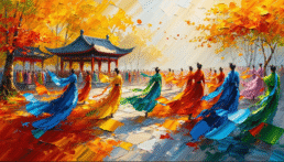 画像: この画像は、美しい秋の景色の中で行われる伝統的な舞踊を描いたアート作品です。鮮やかな衣装をまとった人々が、紅葉に彩られた