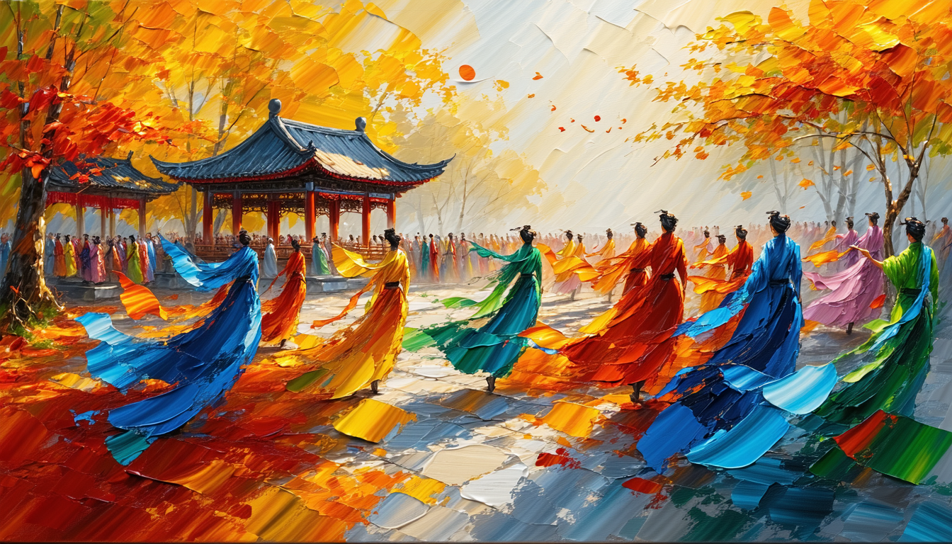 画像: この画像は、美しい秋の景色の中で行われる伝統的な舞踊を描いたアート作品です。鮮やかな衣装をまとった人々が、紅葉に彩られた