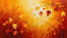 画像: 抽象的な秋の絵画に、色鮮やかな紅葉が描かれています。暖かみのある黄色と赤のグラデーションが背景に広がり、枝に吊るされた葉