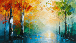 画像: この画像は抽象的な秋の風景画で、色鮮やかな木々と静かな道が描かれています。オレンジや緑の葉が印象的で、穏やかな自然