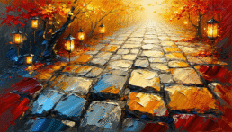 画像: 秋の森の中に続く色とりどりの石畳の道。周囲には紅葉した木々が立ち並び、灯篭が柔らかな光を放つ。幻想的な風