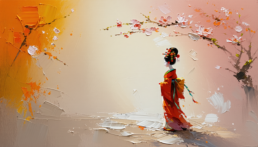 画像: この画像は、桜の花の下で立つ着物姿の女性を描いたアート作品です。背景には暖色系の抽象的な色合いが広がり、日本文化や伝統的な