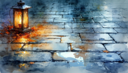 画像: 水彩スタイルの画像には、濡れた石畳の道に置かれたランタンが描かれています。優しい光が秋の落ち葉を照らし、静かな夜の雰