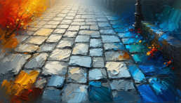 画像: 色鮮やかな抽象画で表現された石畳の道の風景。左側には暖色系のオレンジや赤の葉が舞い、右側には冷色系の青が広が