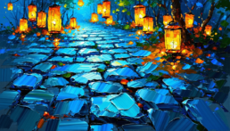 画像: 石畳の道に並ぶ美しい提灯が幻想的な夜景を演出。青とオレンジのコントラストが印象的な風景。キーワード: 提灯、石畳、