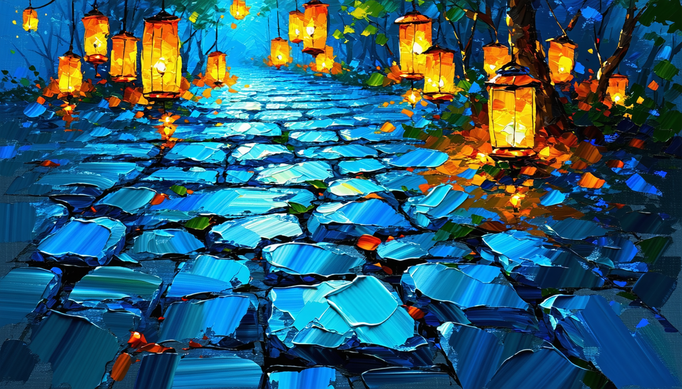 画像: 石畳の道に並ぶ美しい提灯が幻想的な夜景を演出。青とオレンジのコントラストが印象的な風景。キーワード: 提灯、石畳、