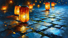 画像: 夜の石畳に赤い提灯が並び、暖かな光が幻想的に広がっています。秋の落ち葉が散りばめられ、風情ある街角が描かれています。キ