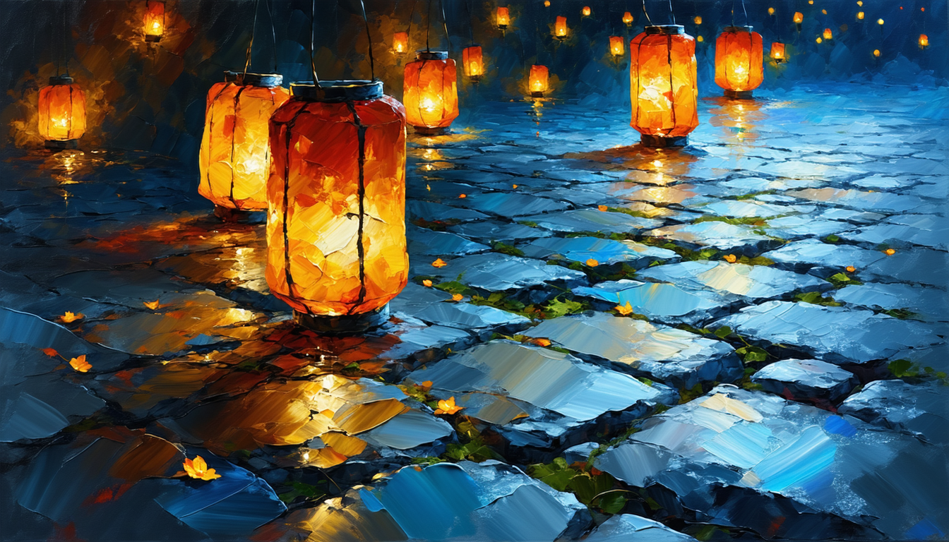 画像: 夜の石畳に赤い提灯が並び、暖かな光が幻想的に広がっています。秋の落ち葉が散りばめられ、風情ある街角が描かれています。キ