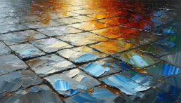 画像: この画像は、アート風に彩られた石畳を描いています。色彩豊かなオレンジ、青、灰色のブラシストロークが印象的で、夕日の反射を思