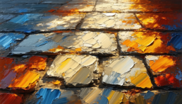 画像: タイトル: カラフルな油絵風石畳のアート

説明: この画像は、色とりどりの油絵風の筆触で描かれた石畳のアートを描