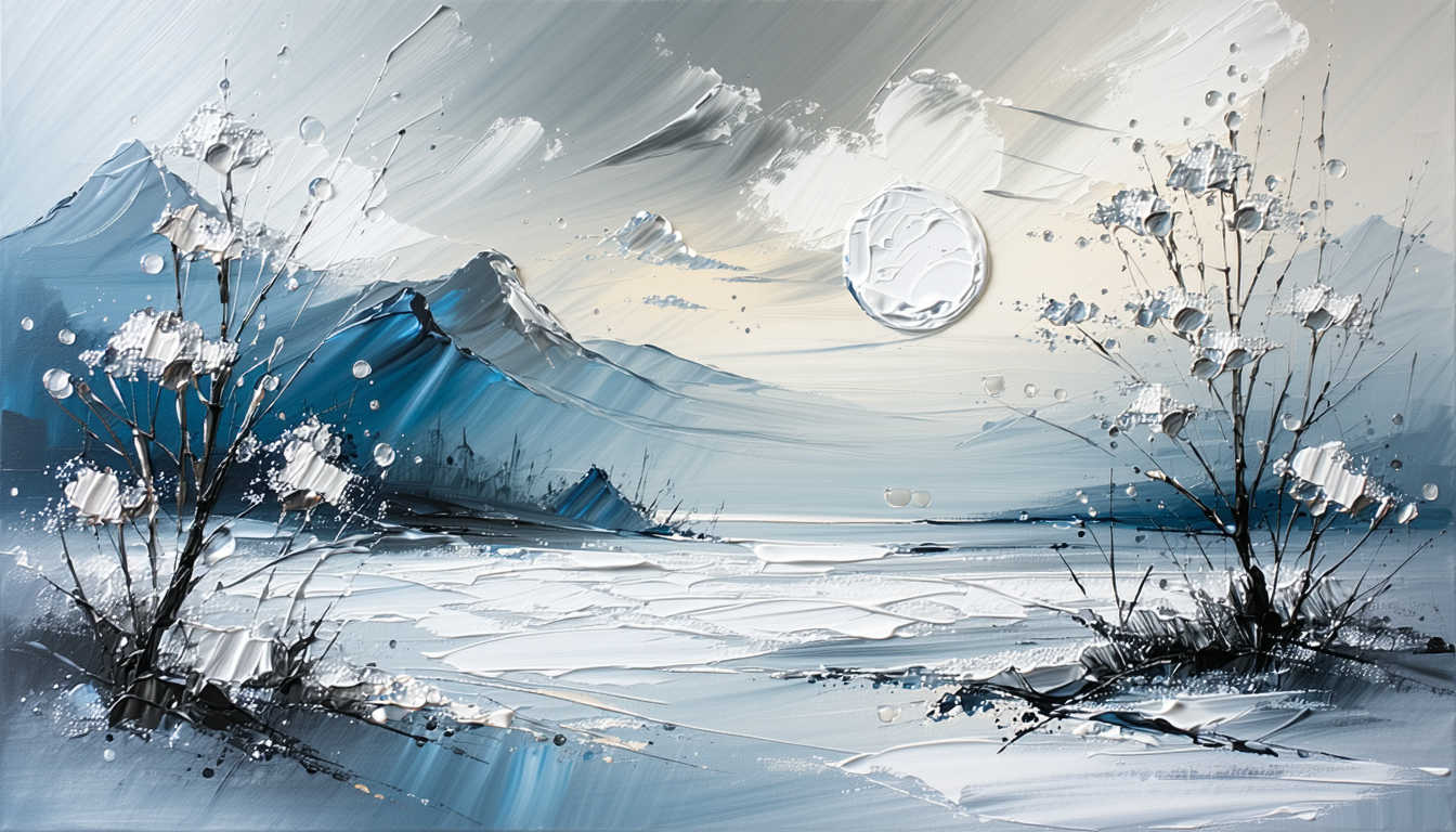 画像: 冬の山景色を描いた抽象絵画。雪に覆われた山々と木々が幻想的な雰囲気を醸し出しています。青と白の色調が冷たい空気