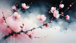 画像: この画像は、水彩画で描かれた桜の枝です。淡いピンクの花が黒とグレーの背景と対比をなす美しいアート作品です。春、花、自然、ア