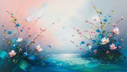 画像: 抽象的な絵画が桃色と青色の花を描写し、穏やかな水面が背景に広がる。春や花、自然美がテーマ。印象派スタイルのタッチ