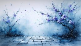 画像: この画像は、水彩画の桜の花が美しく描かれたアート作品です。背景は淡い青色で、石畳がしっとりと描かれています。花びらが舞い