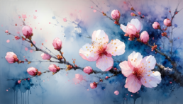 画像: 水彩画スタイルの桜の花が描かれた美しいアートワーク。淡いピンク色の桜が青みがかった背景に映え、春の風景を象徴。**