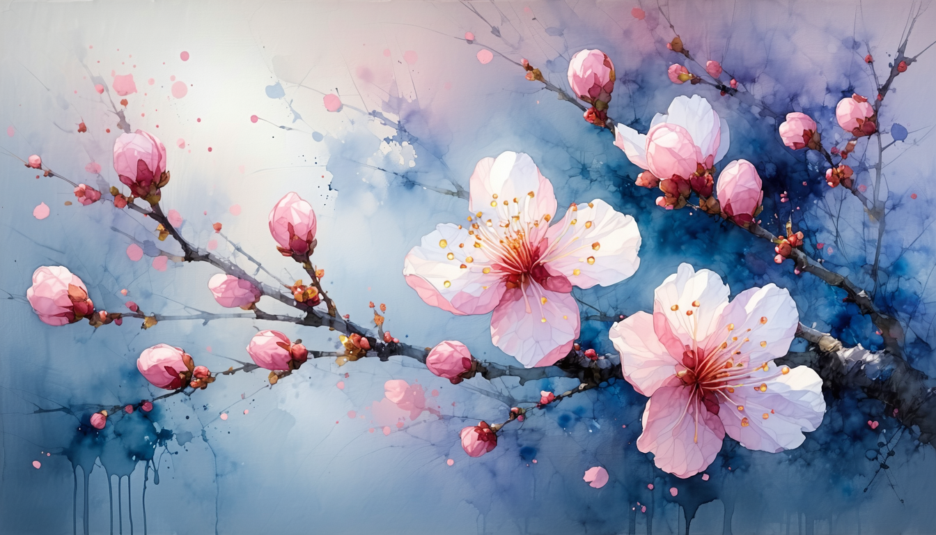 画像: 水彩画スタイルの桜の花が描かれた美しいアートワーク。淡いピンク色の桜が青みがかった背景に映え、春の風景を象徴。**